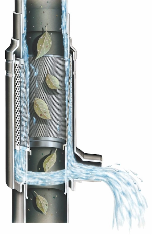Cutaway of a WISY vortex fine filter showing clean water passing the vertical mesh while leaves and debris are flushed past